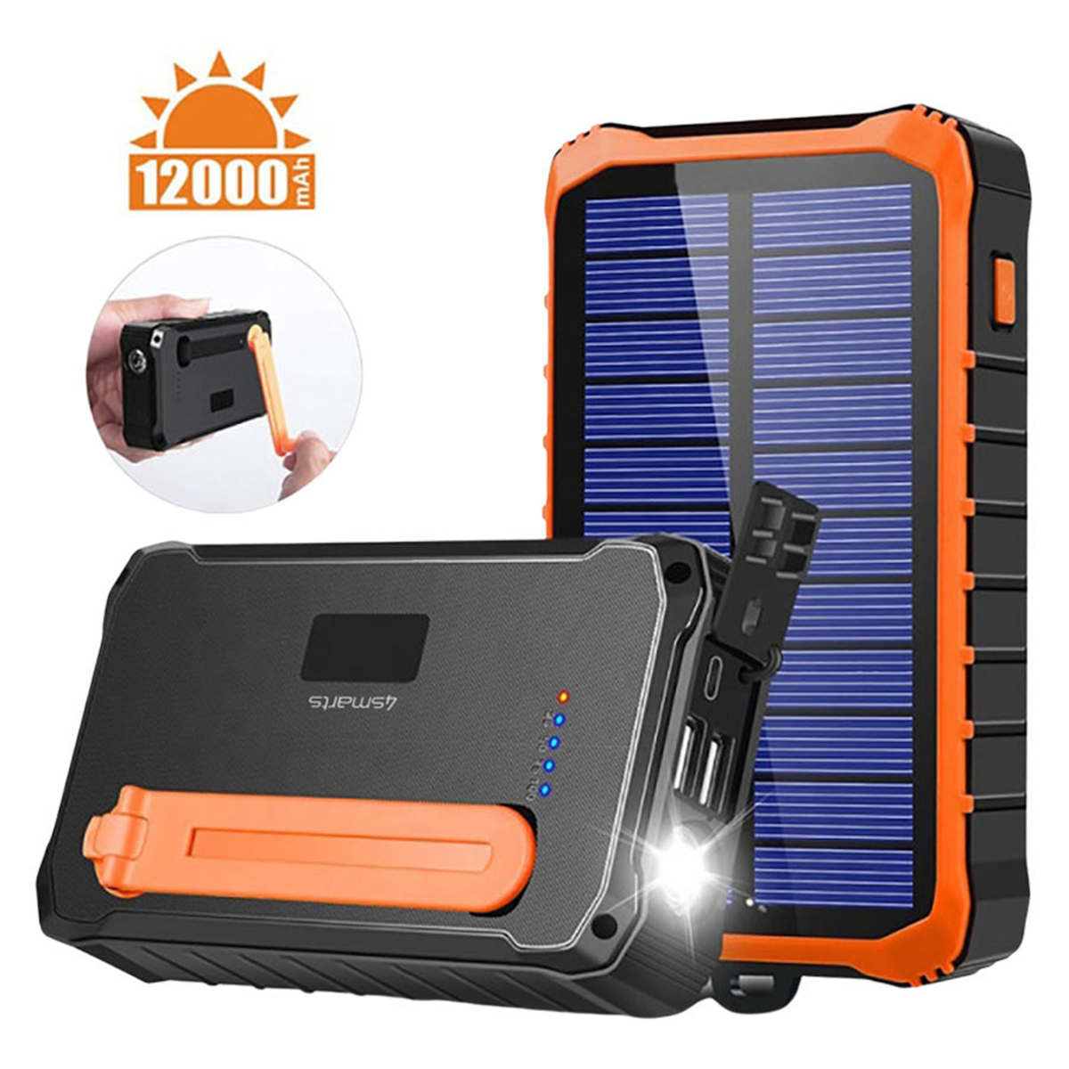 4Smarts Prepper 12.000 mAh solcelle powerbank med håndsving, Sort, 456633