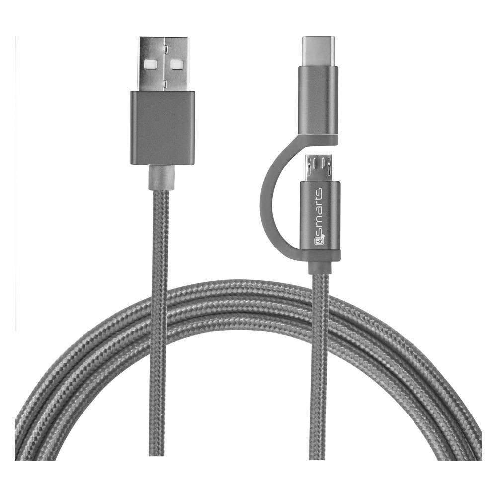 4smarts 2m 2-i-1 Micro USB og USB-C kombi-kabel, Grå – 468550