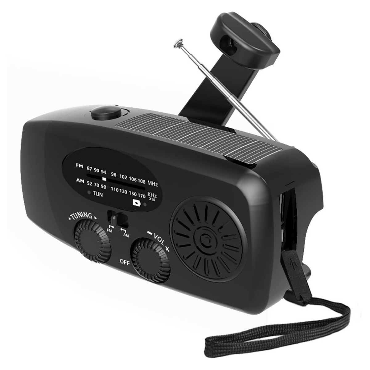 Lippa FM nødradio med håndsving og solceller, 2.000 mAh powerbank, Sort, LPFMR01