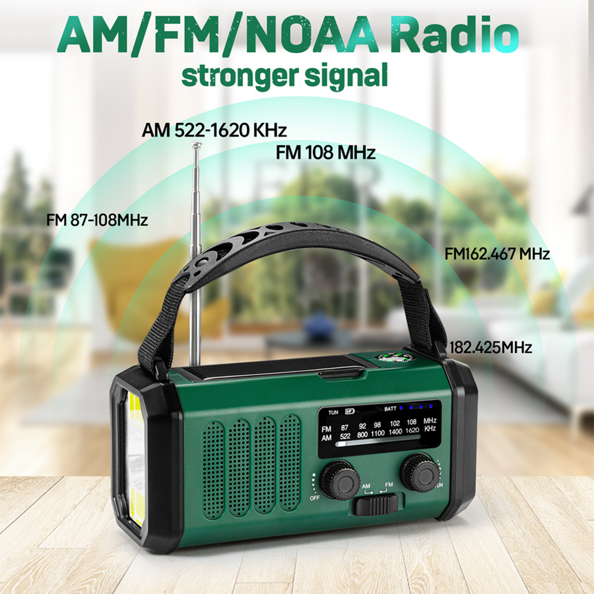 Lippa FM nødradio, håndsving, solcellepanel, kompas, 10.000 mAh powerbank, Grøn, LPFMR03