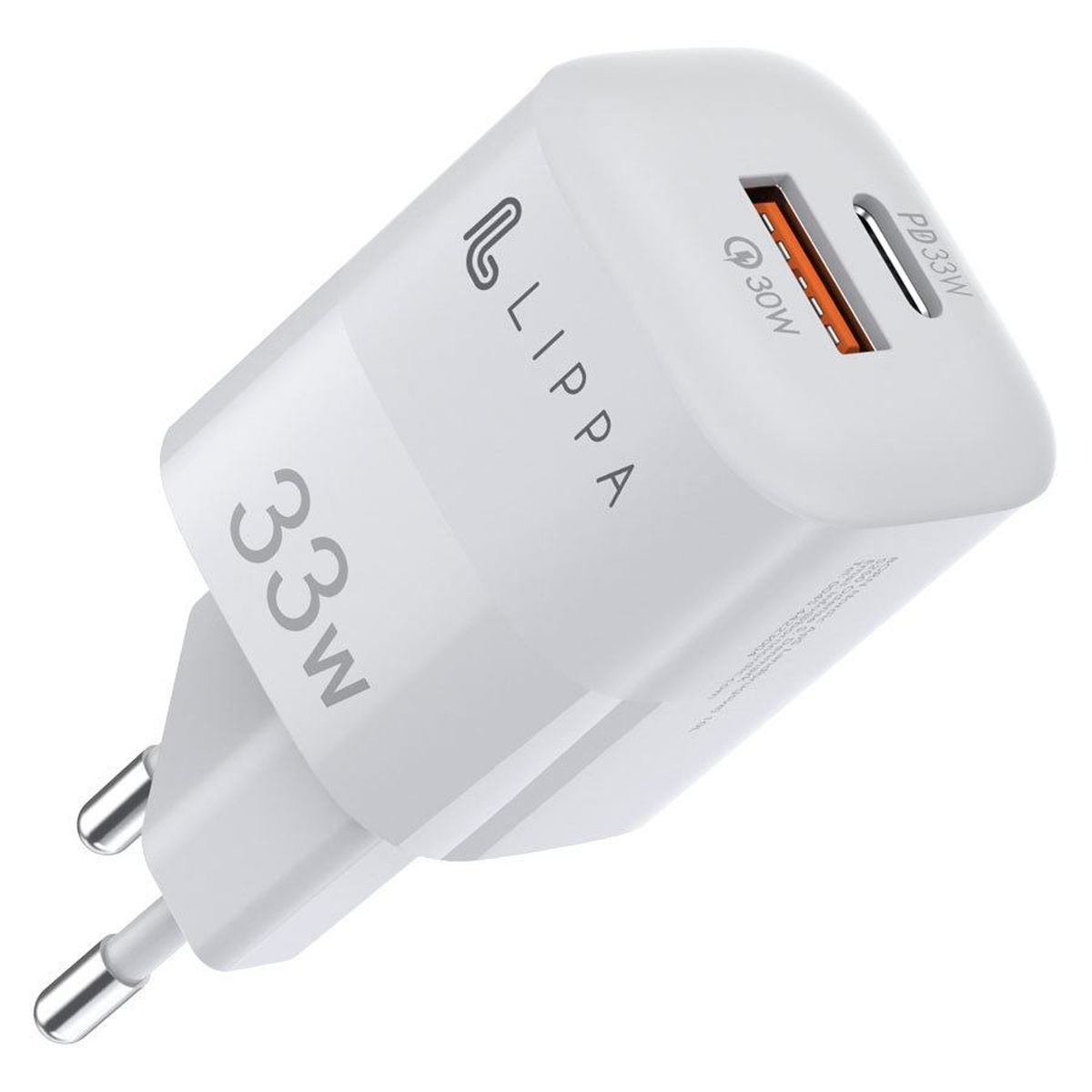 Lippa 33W USB-C PD & USB-A QC GaN oplader, hvid, LPWC5006