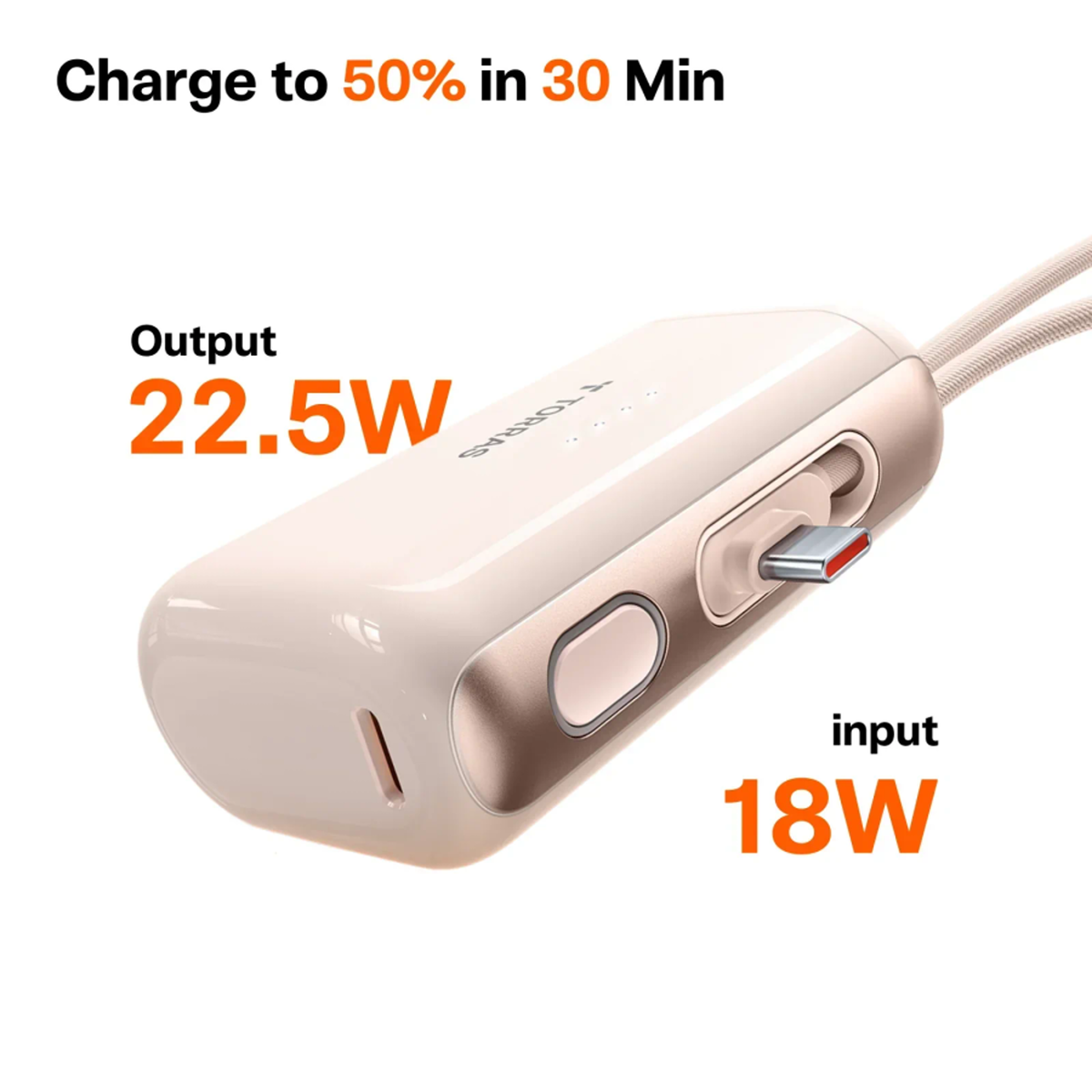 TORRAS PocketVolt 5.000 mAh powerbank m. indbygget USB-C kabel, 22,5W PD, Guld, X00PB14001