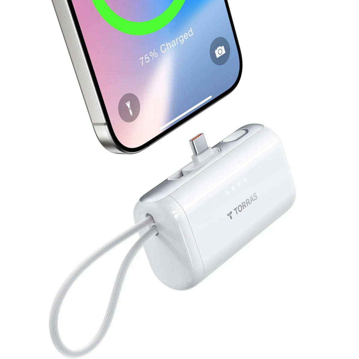 TORRAS PocketVolt 5.000 mAh powerbank m. indbygget USB-C kabel, 22,5W PD, hvid, X00PB14002