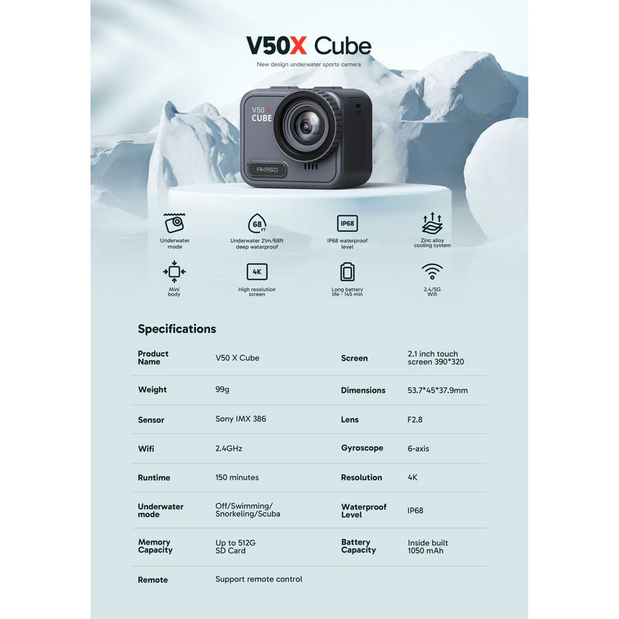 Akaso V50 X Cube 4K30fps, 20MP vandtæt action kamera – SYYA0054-BK – produktbillede 2