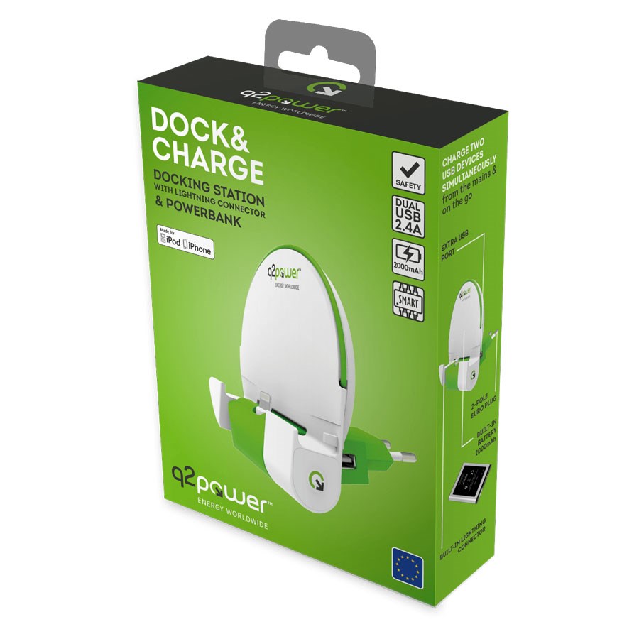 Q2Power Dock and Charge 2.000 mAh powerbank og vægoplader med lightning stik – 3.200130 – produktbillede 3