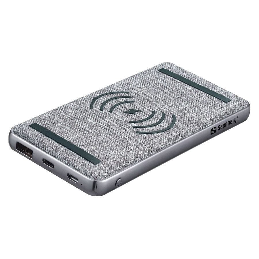 Sandberg 10000 mAh, PD og QC output, Qi trådløs powerbank, Grå – 420-61