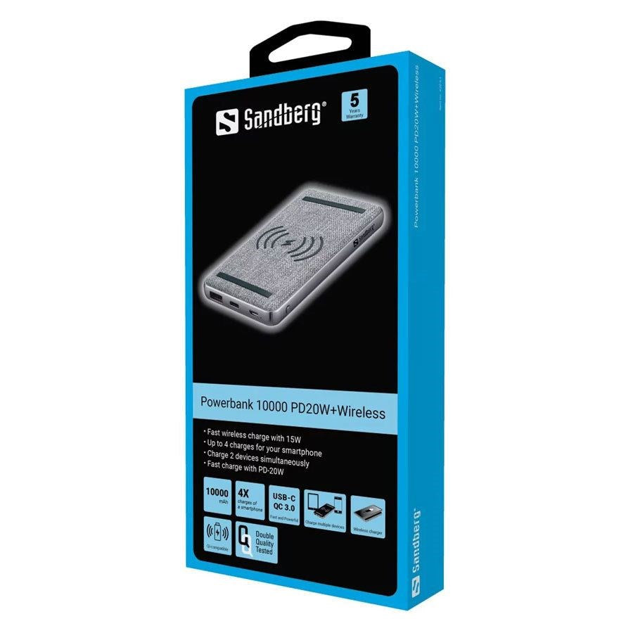 Sandberg 10000 mAh, PD og QC output, Qi trådløs powerbank, Grå – 420-61 – produktbillede 2