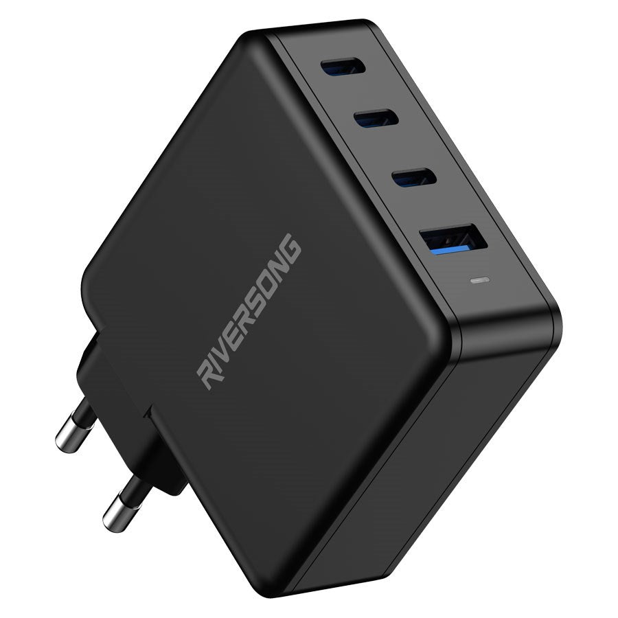 Riversong PowerKub, 100W GaN oplader m. 3 x USB-C og 1 USB-A, Sort – AD105-EU-BLACK