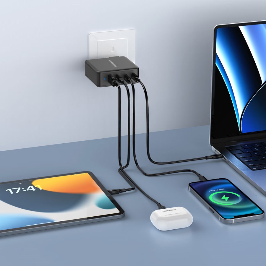 Riversong PowerKub, 100W GaN oplader m. 3 x USB-C og 1 USB-A, Sort – AD105-EU-BLACK – produktbillede 2