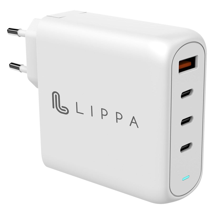 Lippa 100W 3 x USB-C PD & USB-A QC GaN oplader, Hvid – LPWC100W