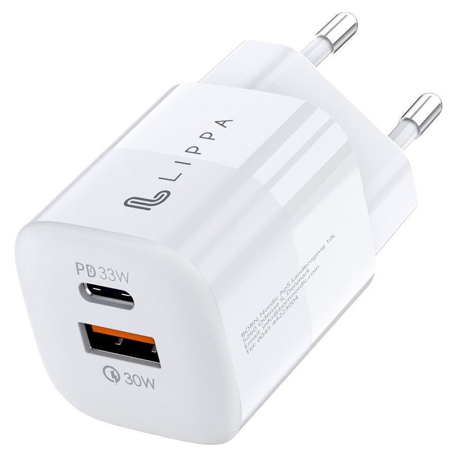 Lippa 33W USB-C PD & USB-A QC GaN oplader, hvid – LPWC5006