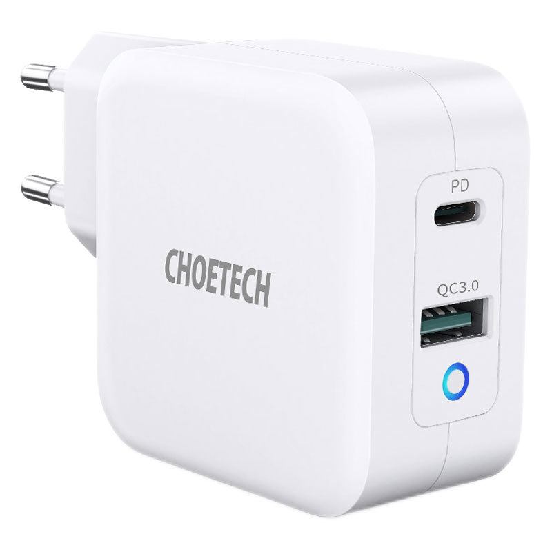 Choetech 65W GaN USB-C PD + USB-A QC 3.0 Oplader, Hvid